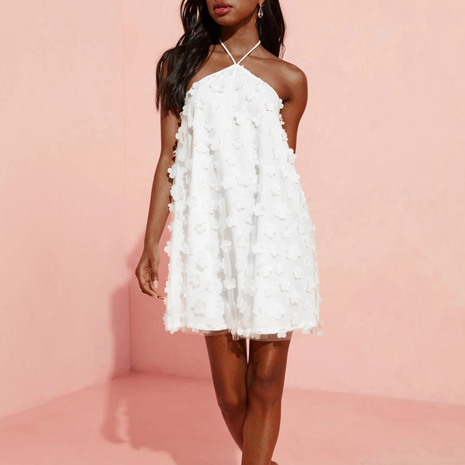 

Female Mini Dress Solid Halter Neck Backless Dress Sleeveless Elegant Mesh See Through Strapless Beachwear Outfit Party Clubwear