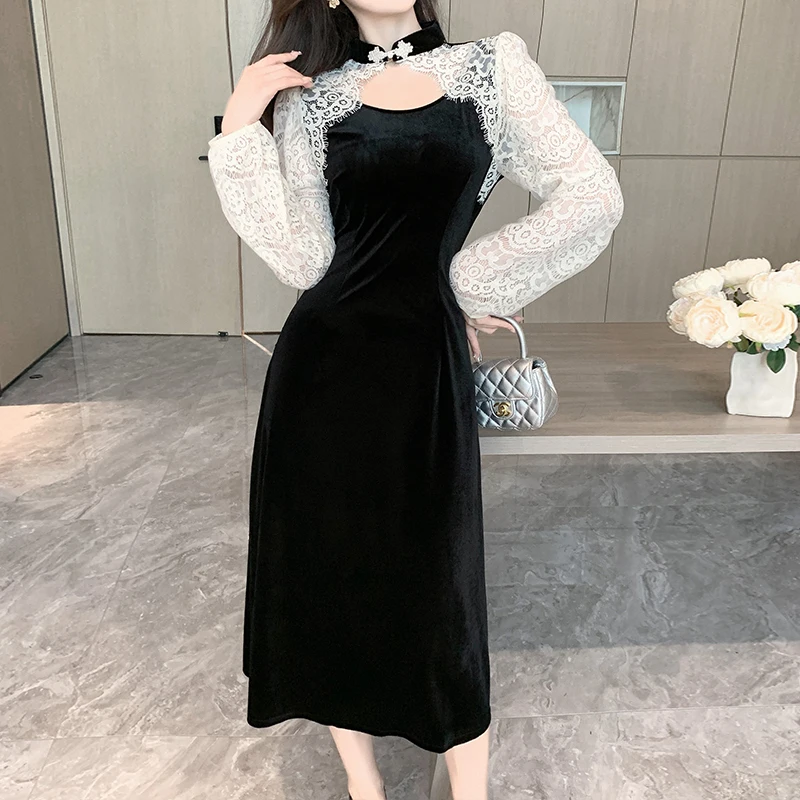 

High Street Patchwork Corduroy Dresses for Women 2022 New In Korean Empire Casual Autumn Party Dress Lace Long Sleeve Fashion
