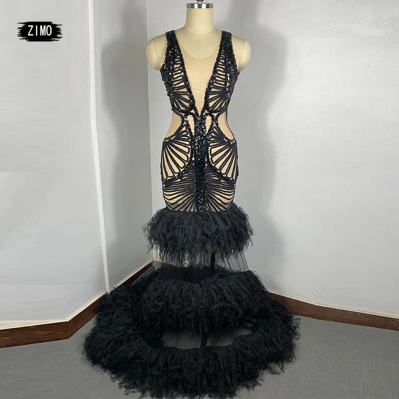 

sparkly fashion black dress sequins mesh ruched See-through sexy party wedding birthday dress stage drag queen singer clothing