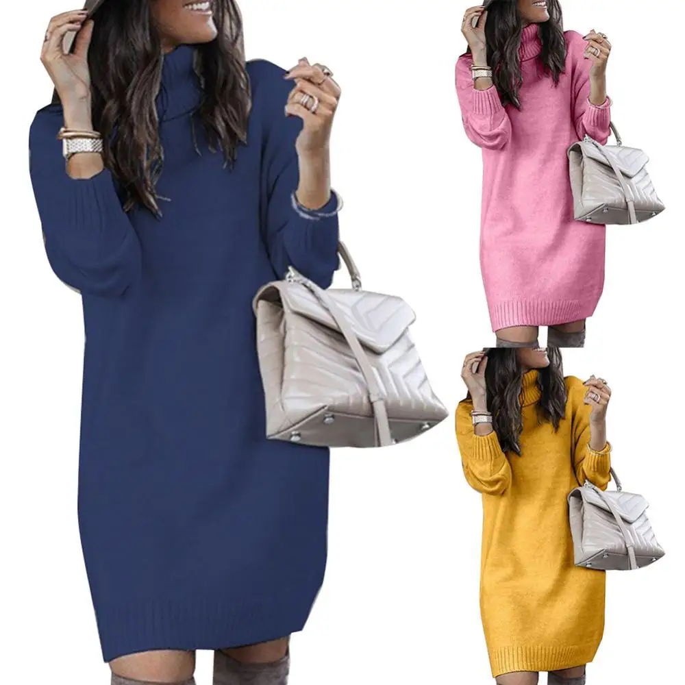 

Dress Long Sleeve Women Knee-length Dress Loose Autumn Turtleneck Warm Knitted Sweater Knee-length Dress