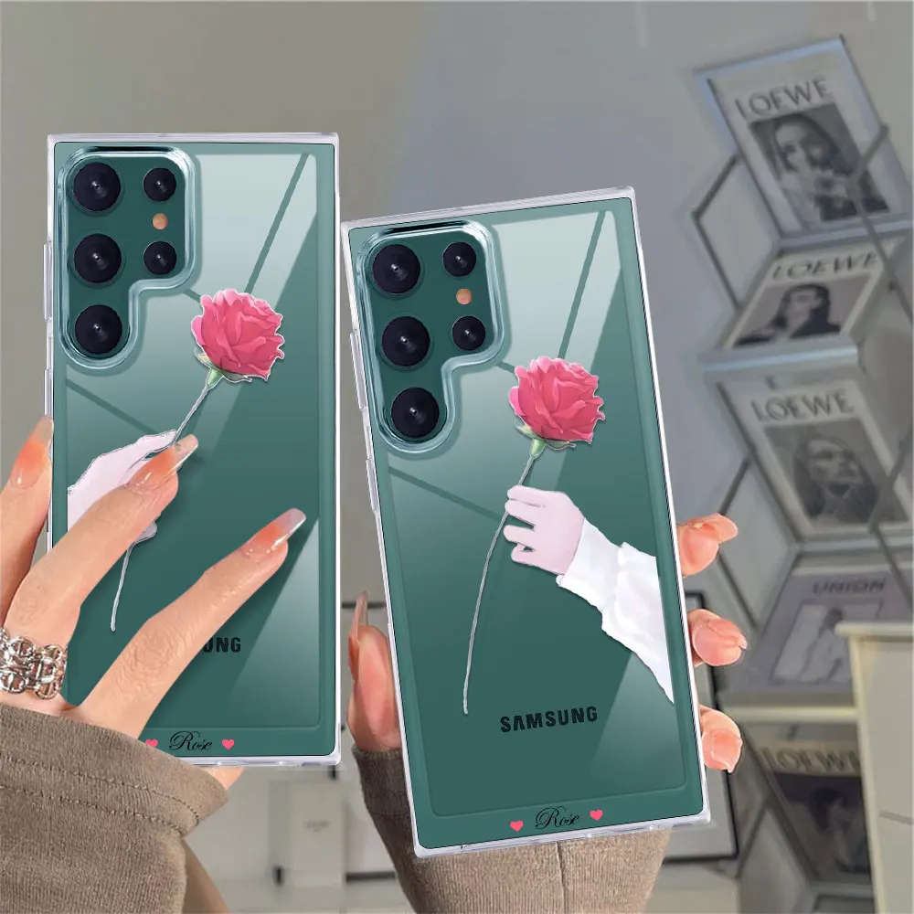 

Rose Flower Couple Phone Case for Samsung Galaxy S21 FE A53 5G S22 Plus Ultra Hard Anti-knock Shockproof Transparent Back Cover