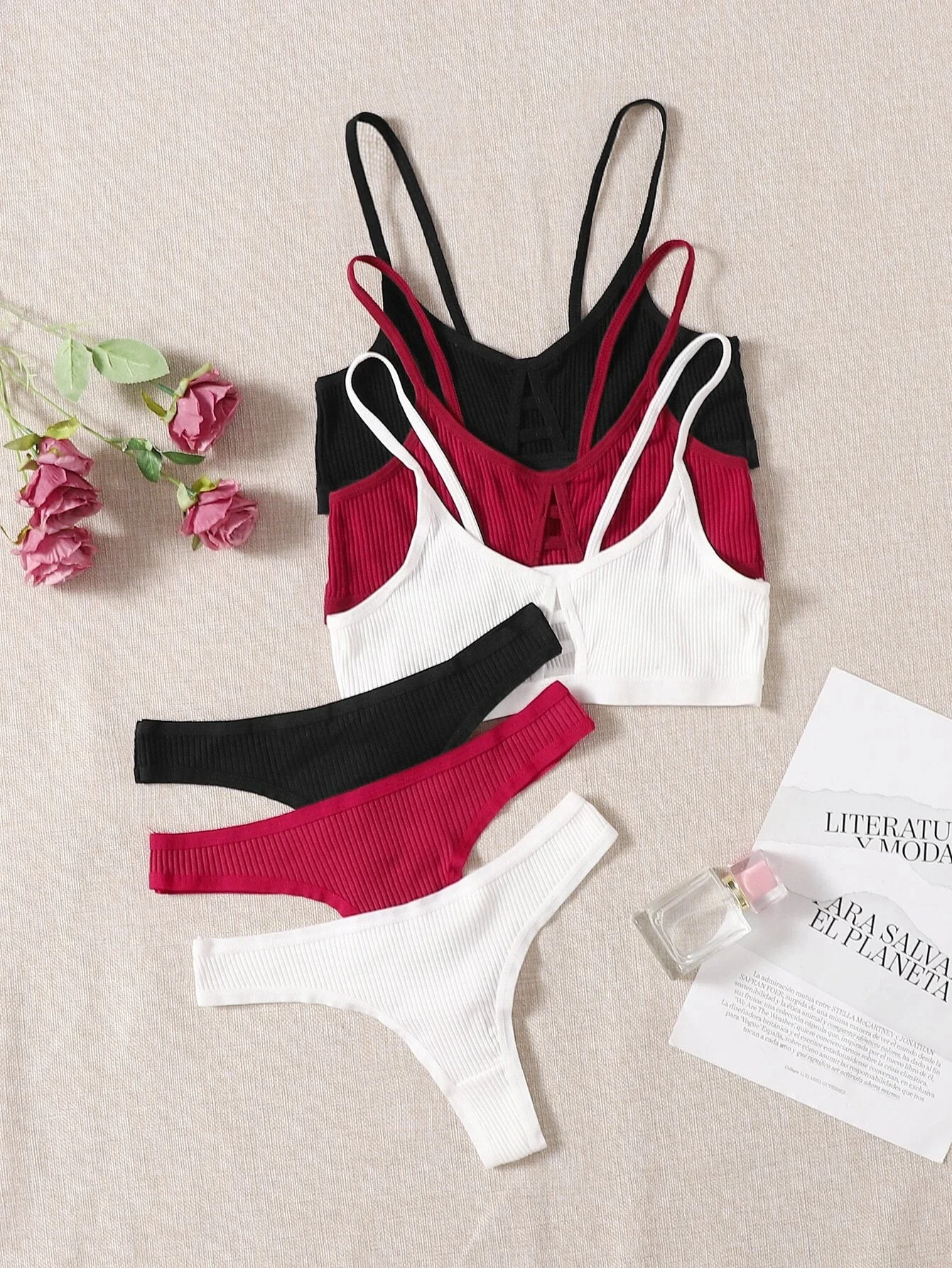 

3sets Solid Cut-out Lingerie Set