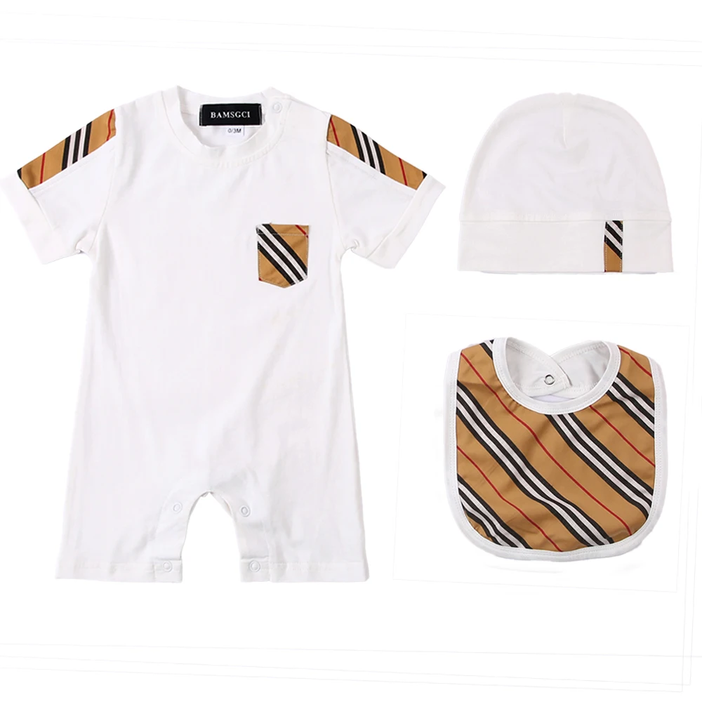 

New Summer Fashion newborn baby boy clothes Plaid stripes cotton short-sleeved boys girls romper and shoes hat bibs matching Set