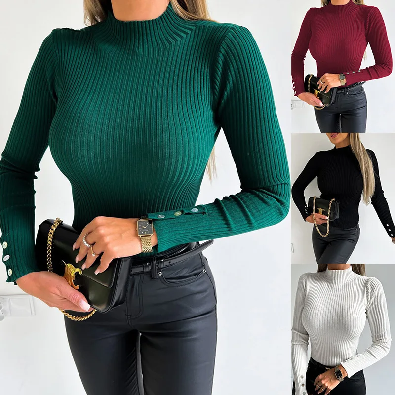 

2023 Autumn and Winter High-necked Sweater Women Solid Color Slim Pit Long-sleeved Sweater Women Pullover