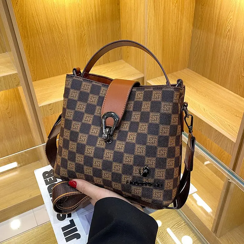 

Fashion Classic Bucket Bag For Women Large Capacity Double Zipper Shoulder Bags Ladies Plaid Printing Leather Crossbody Handbag