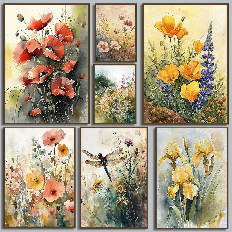 Постер акварельного поля пейзаж лаванда долина Одуванчик луг Картина на холсте