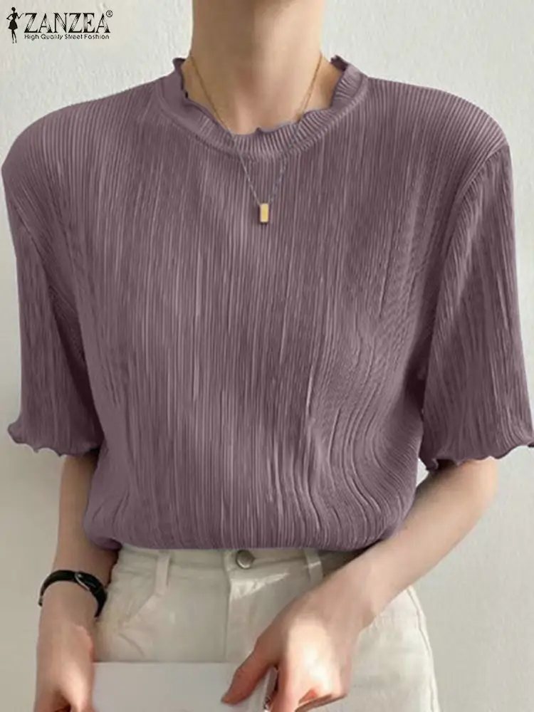 

Женские летние элегантные свободные топы ZANZEA, пуловеры, Повседневная однотонная плиссированная блузка, Элегантная блузка оверсайз с кругл...