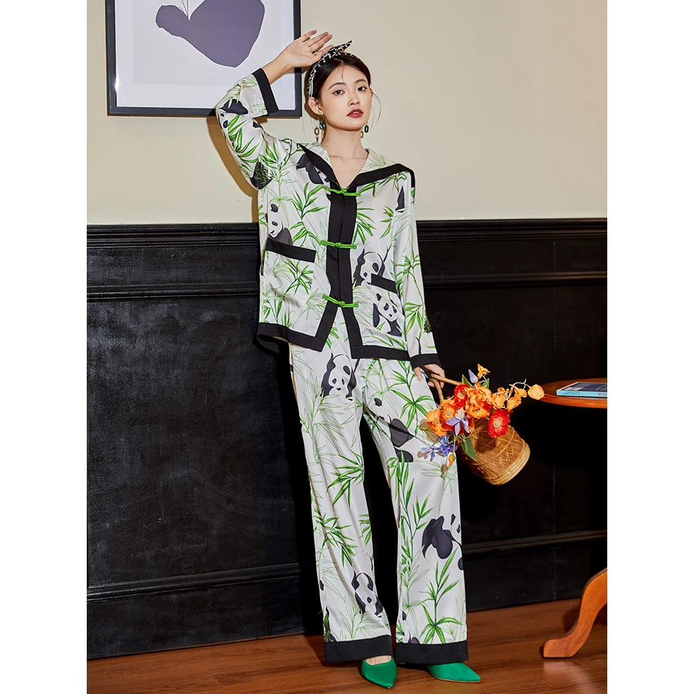 Maison Gabrielle 2022 Spring Summer Vintage Chinoiserie Printed Pajamas Set Loungewear Sleepwear for Women 2 Pieces Long Sleeves