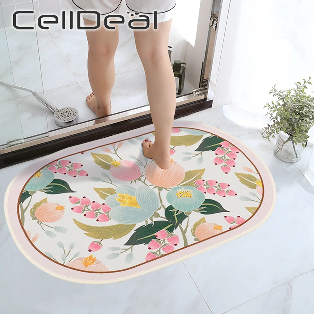 

Oval Bathroom Mat Flower Print Crystal Velvet Non-slip Floor Rug Absorbent Shower Room Entrance Doormat Bathtub Side Carpet