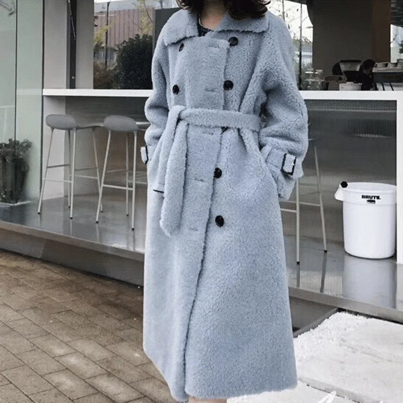 Winter Grainy Shearing Coat Ladies Wool Coat Ladies Elegant Double-breasted Long Fashion Warmth Ladies Casual Lambskin Coat