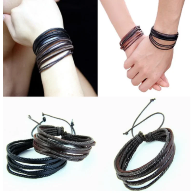 

Hot Sell Hand-Woven Fashion Couple Jewelry Wrap Multilayer Leather Braided Rope Wristband Men Bracelets & Bangles for Women