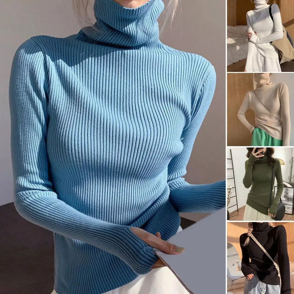 

Водолазка с воротником-стойкой и длинными рукавами, свитер в рубчик, зимний однотонный облегающий теплый свитер, джемпер, женская одежда, свитер