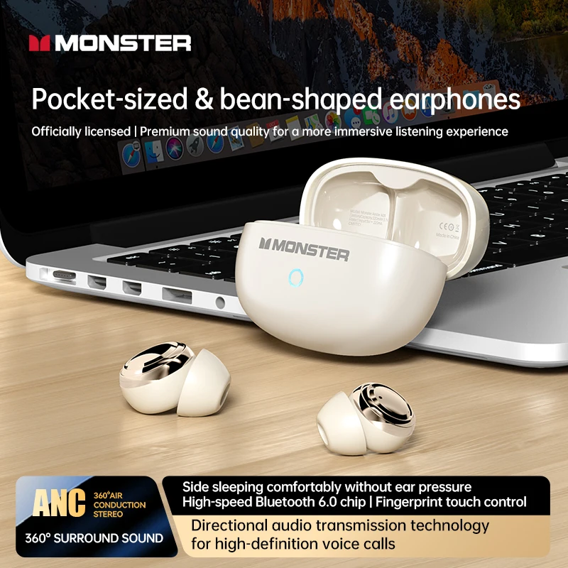 Фото Беспроводные мини-наушники Monster A08 ANC Bluetooth 6.0 для сна, невидимые, комфортные, с сенсорным управлением, водонепроницаемые №4