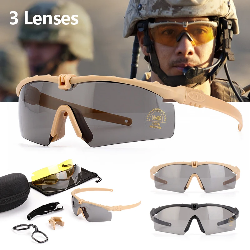 

Military Tactical Shooting Glasses Bulletproof War Game 3 Interchangeable Lenses UV400 Fishing Mountaineering Sports Glasses