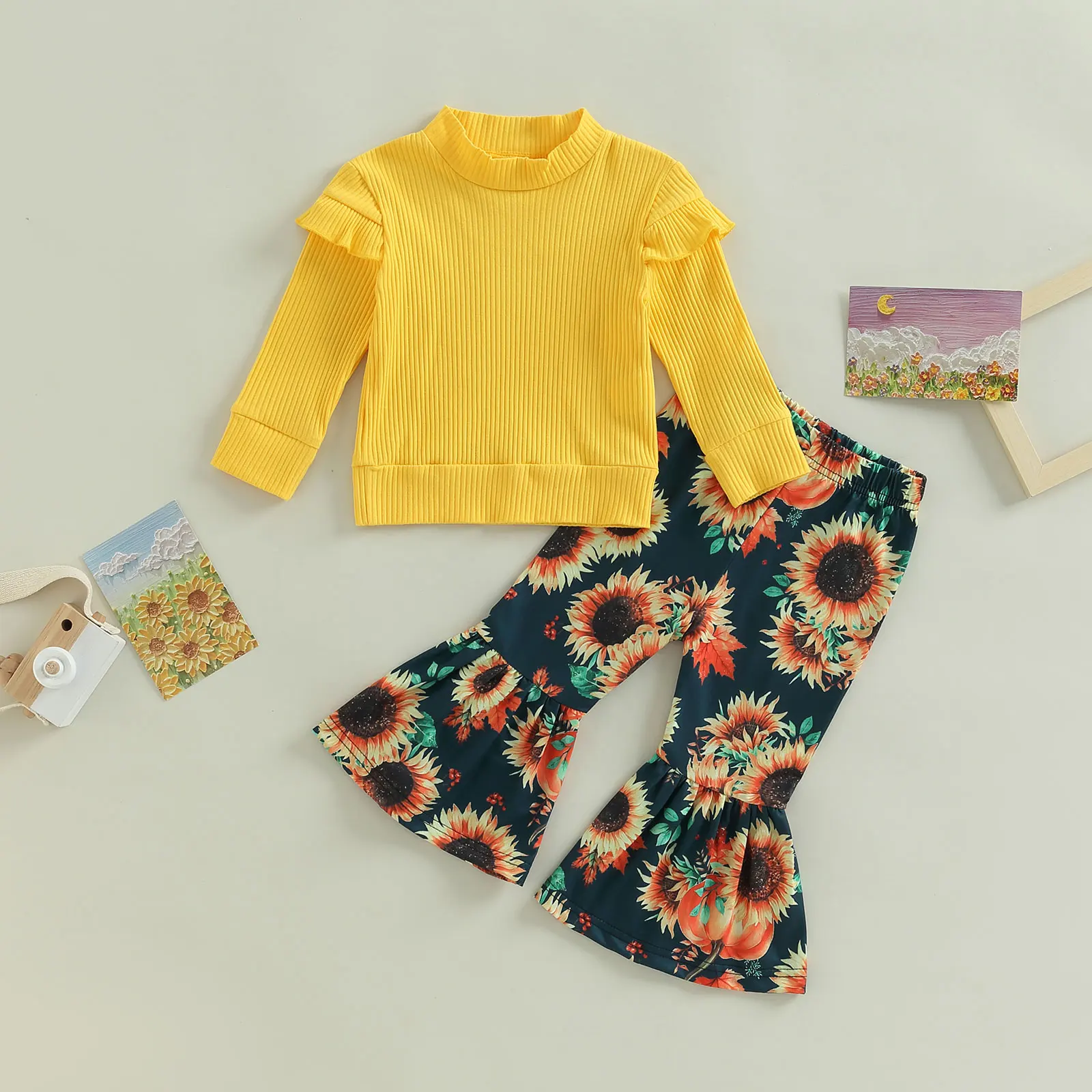

TR New Autumn Toddler Kids Girls Outfits Solid Color Knitted Ribbed Ruffles Long Sleeve Tops + Sunflower Print Flare Pants Set