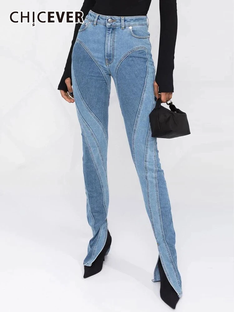 

CHICEVER, узкие джинсы для женщин, высокая талия, цветной пэчворк, на молнии, повседневные, с разрезом, джинсовые брюки, женская мода, одежда 2023