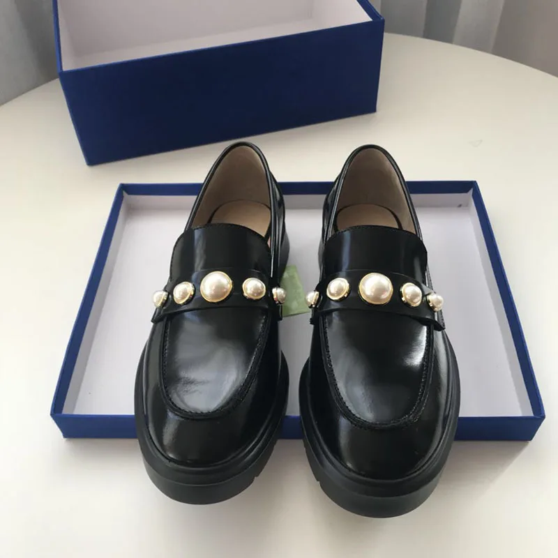 Spring and autumn new leather loafers with thick soles and small leather shoes with fringes and pearl single shoes for women