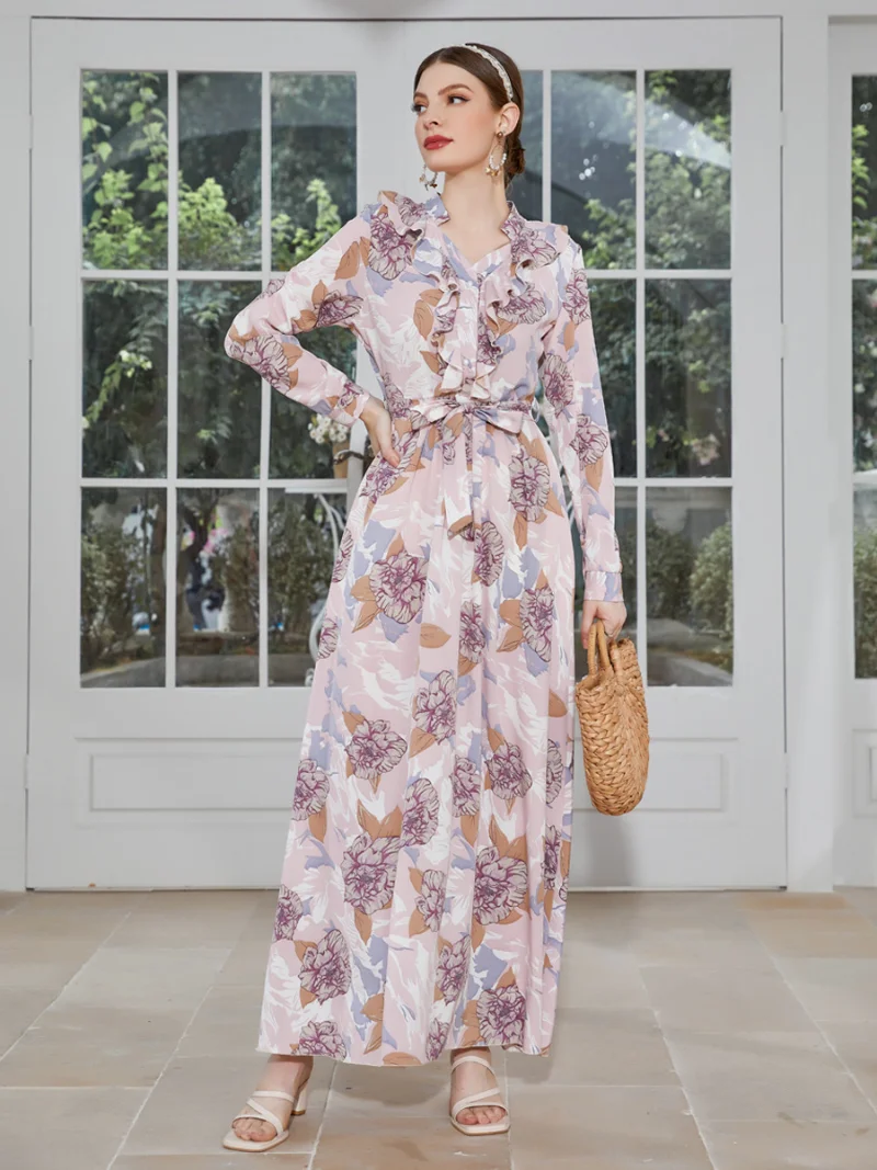 Muslim Party Dress Women Abaya Eid Floral Print Ramadan Lace-up Dresses Long Sleeve Arab Dubai Robe Moroccan Woman 2023