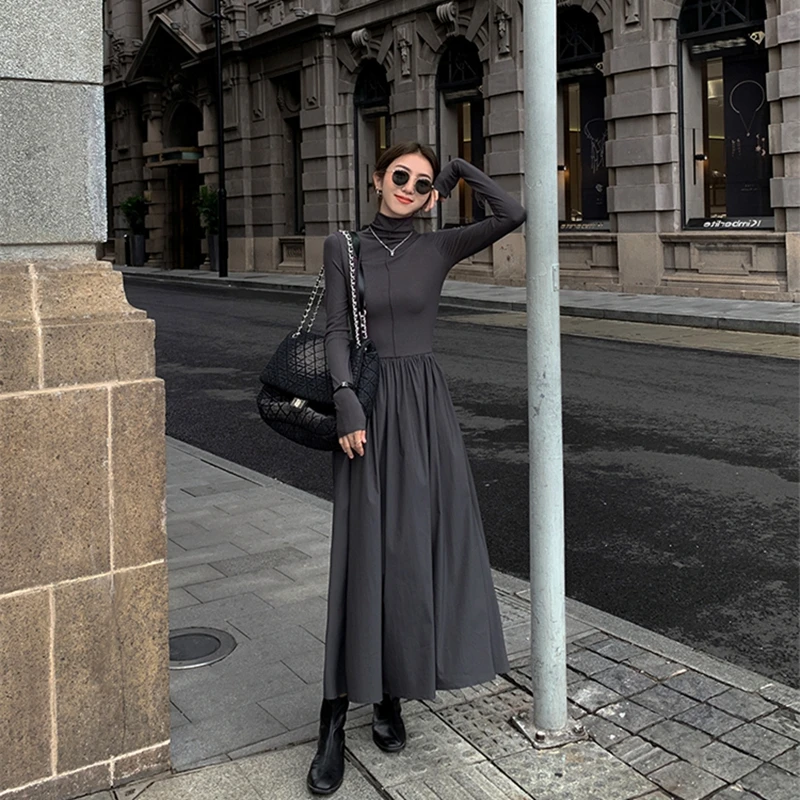 

2022 New Fall And Winter French High Class Temperament Goddess Style Thin Black Long Sleeve Dress Free Shipping