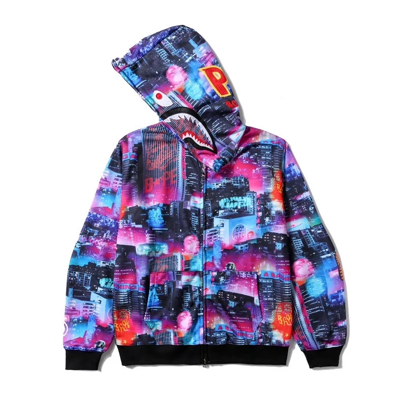 

New Arrival Japanese Fashion Brand Tokyo Night View Shark Head 3D Printing Men's Zip-up Shirt Sweatshirt Anime Peripheral