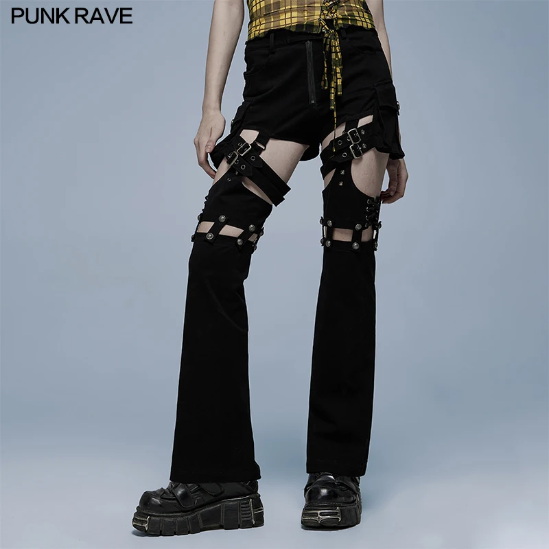 PUNK RAVE Women's Punk Stylish Elastic Woven Trousers Slightly Flared Legs Can Detachable Handsome Cool Long Pants Spring Summer