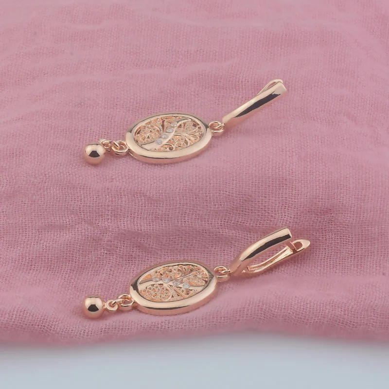 Женские серьги-подвески из розового золота 585 пробы с овальными кристаллами