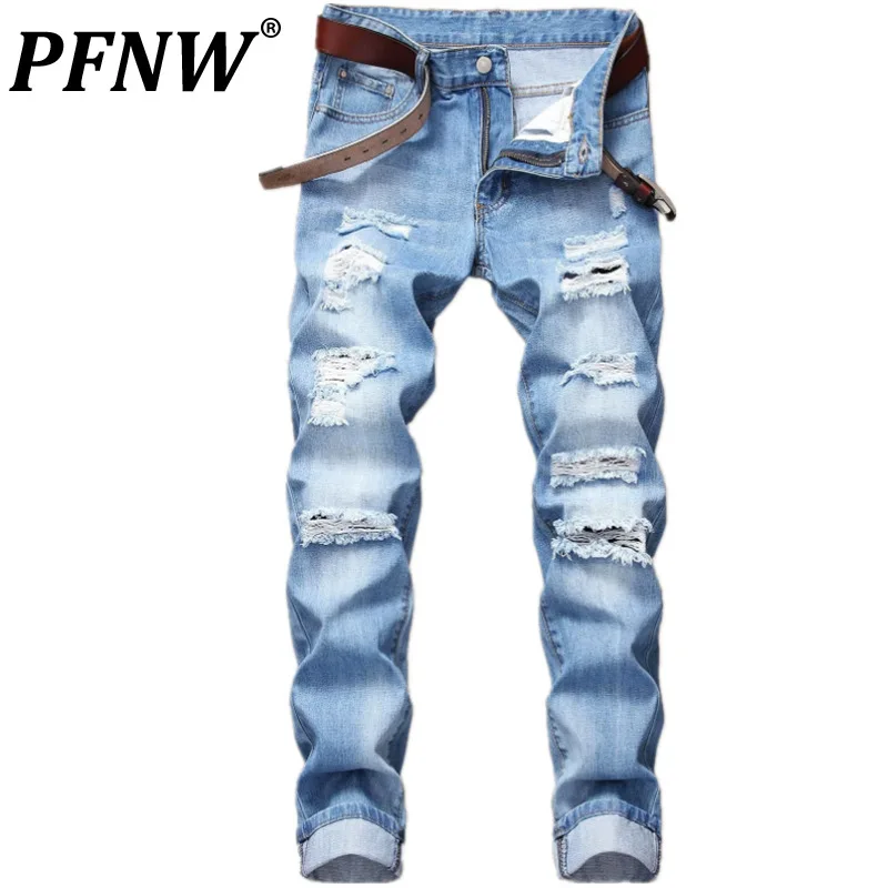 

PFNW Spring Autumn Men's Fashion Darkwear Worn Out Niche Design Jeans Korean Style Streetwear Zippers Casual Denim Pants 12A7565