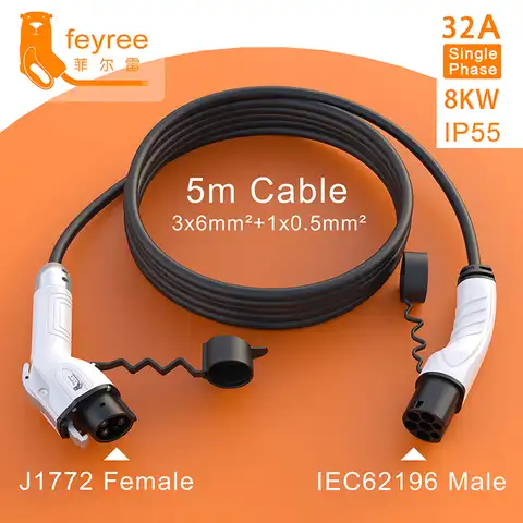 Feyree EV зарядный кабель J1772 тип 1 для типа 2 штекер «Мама-папа» 32A 16A 5 м кабель для электромобиля шнур для автомобильной зарядной станции