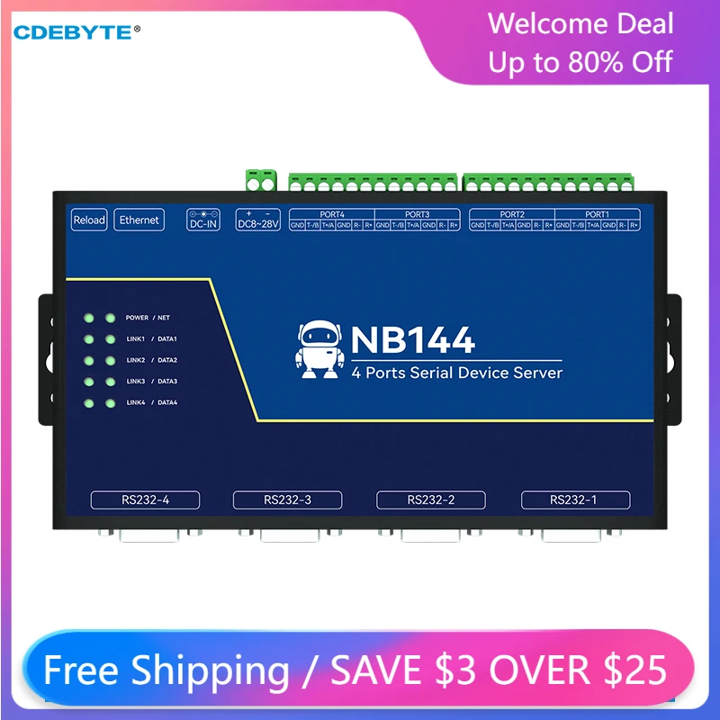 

4-Channel Serial Server RS232/422/485 RJ45 Modbus CDEBYTE NB144S TCP/UDP/MQTT 8-28V AT Command Build-in Watchdog