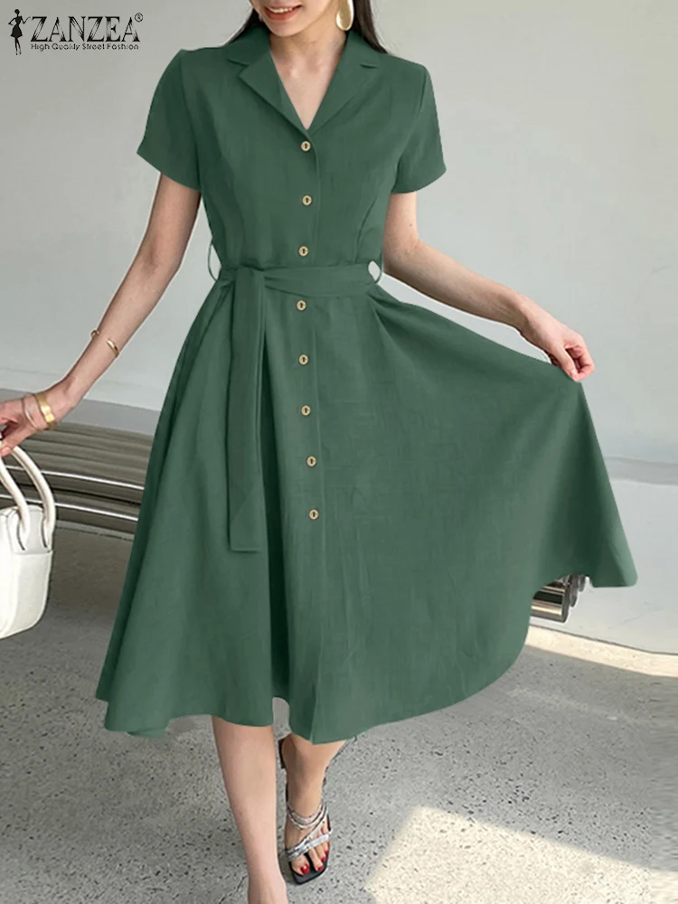 

ZANZEA Fashion Party Dress Summer Short Sleeve Lapel Neck Sundress Woman Casual Loose A Line Vestidos Elegant Solid Color Robe