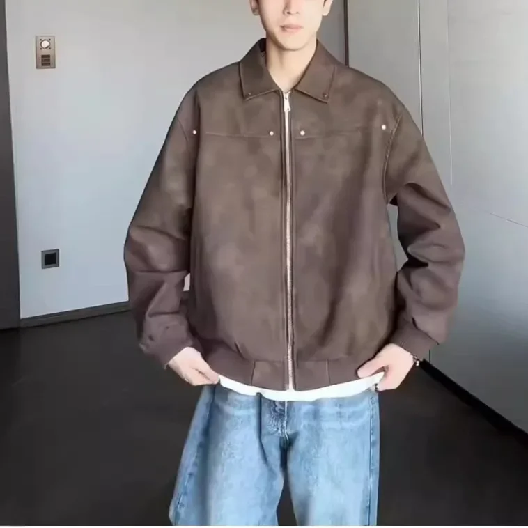 Коричневая кофейная кожаная куртка Майяра мужская весенняя сезонная винтажная