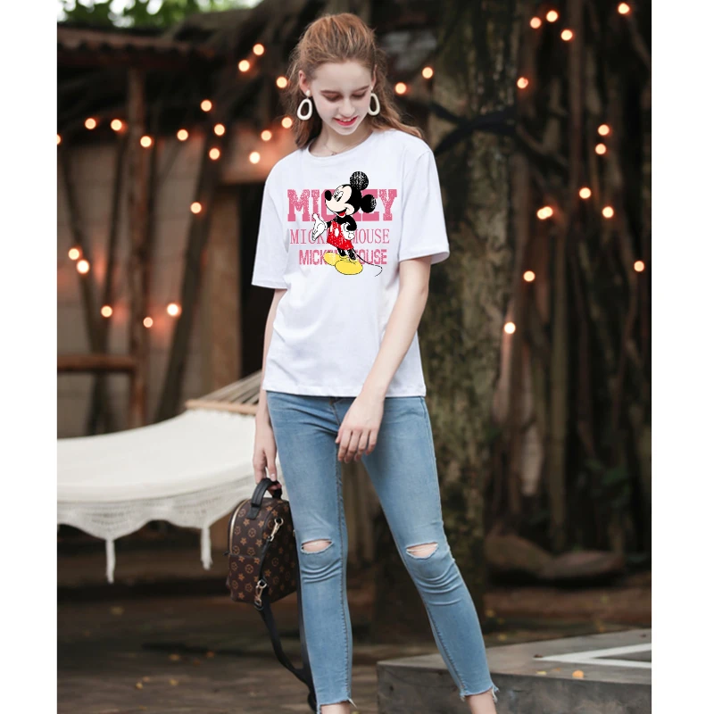 

Disney Mickey Mouse Cute Graphic Letter T Shirts for Girls Summer Loose Streetwear Black White T-shirt Children Fashion Tees Top