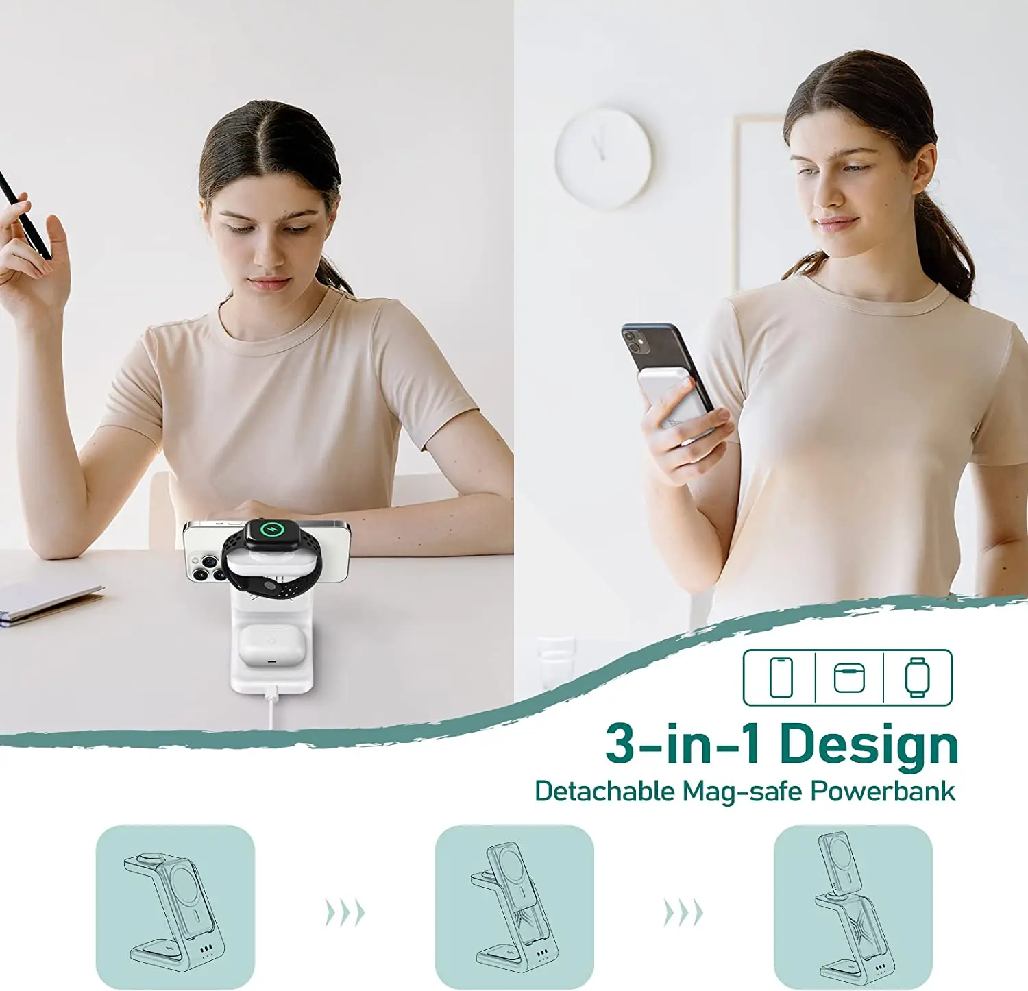 3 in1 Magnetic Power Bank MacSafe External Auxiliary Battery 15W Wireless Fast Charger Station For iPhone 14 13 12 Apple Watch