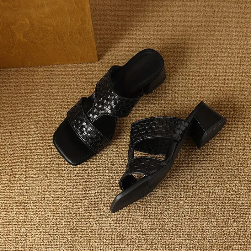 Мюли женские из воловьей кожи на толстом каблуке без застежки