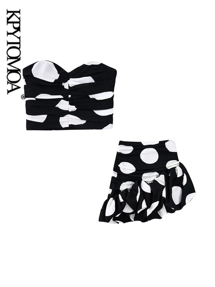 KPYTOMOA-minifalda plisada de lunares para Mujer, Top corto con corpiño y cintura alta, con cremallera trasera, conjuntos de dos piezas