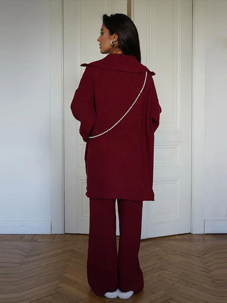 Fashion Women Knitted 2 Pieces Sets With Trousers Casual Lapel Long Sleeve Pullover Wide Leg Pants Autumn Ladies Suit