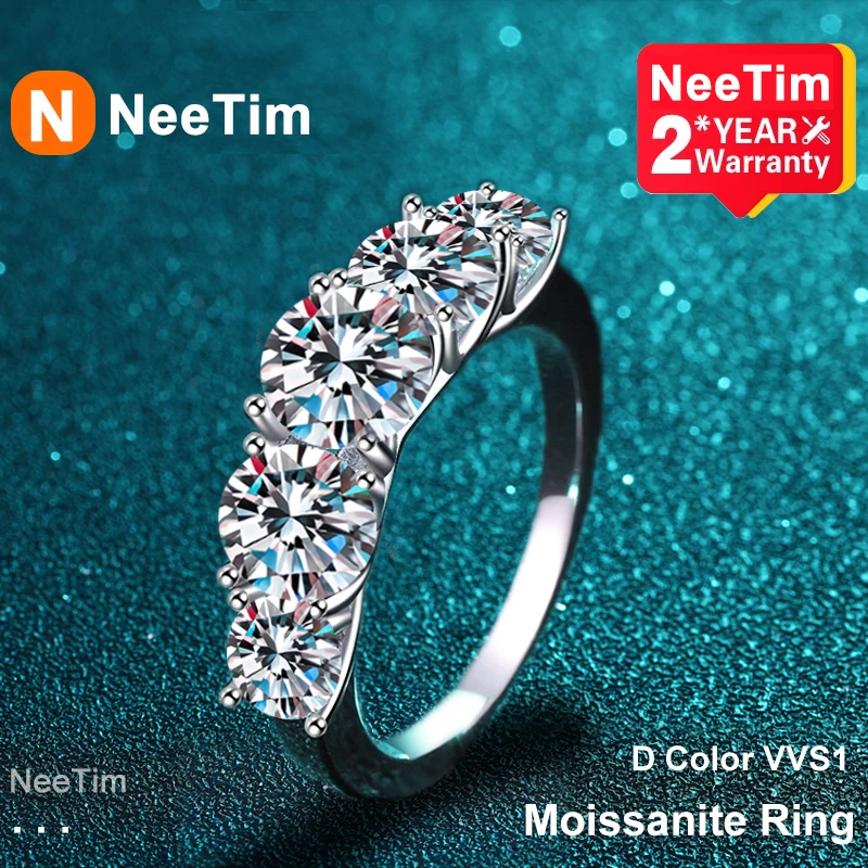 

Кольца NeeTim с мусанитом женские, обручальное ювелирное изделие с 5 камнями со сверкающими бриллиантами, серебро 925 пробы с покрытием 18 К