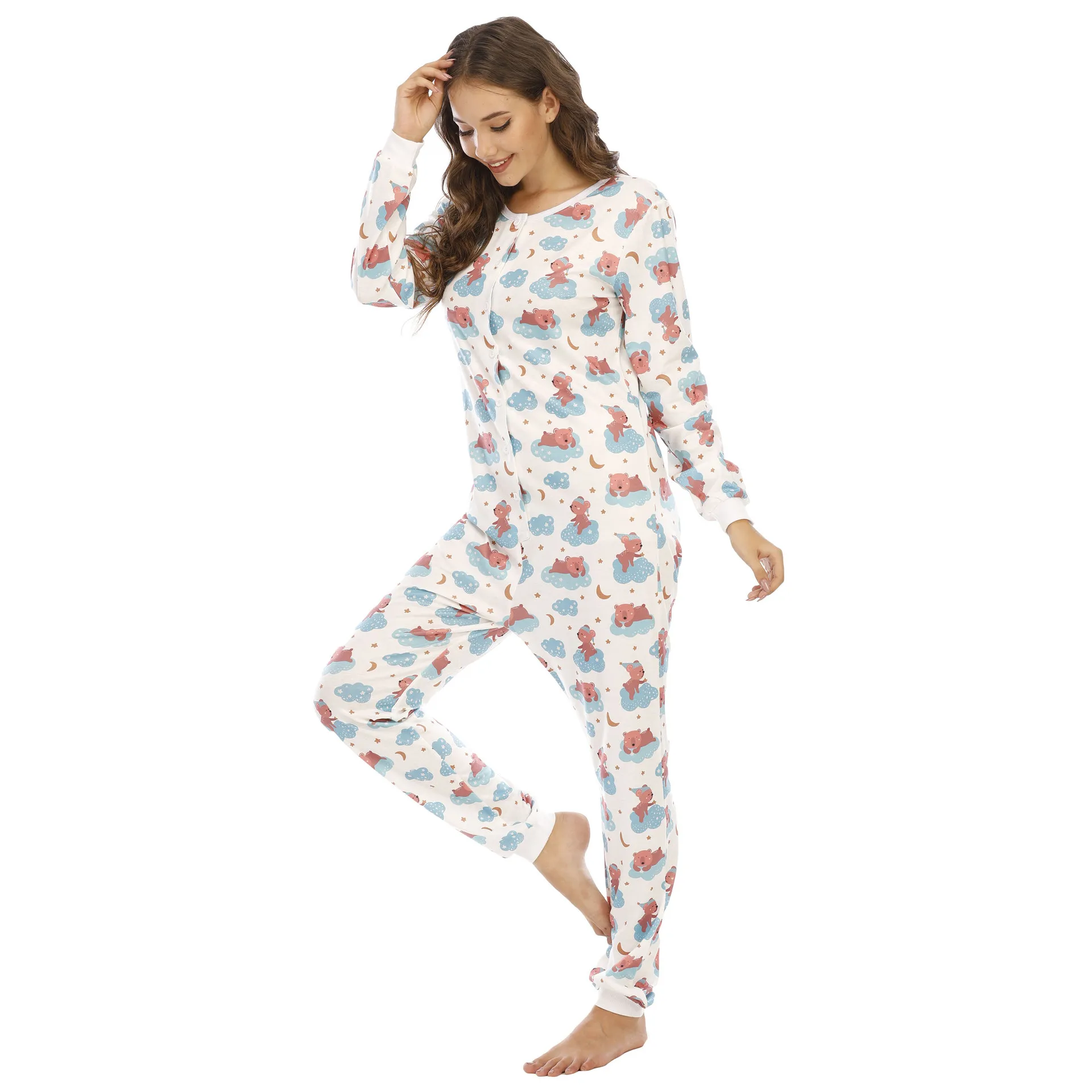 Women's Onezie Pajamas Long Sleeve Printed Button Home Wear Rompers Round Neck Loose Sleepwear Bodysuit Woman Onesie Pajama
