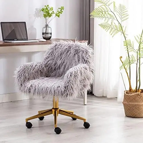 

Fur Vanity Chair, Pink Arm Chrome Base Office Compact Padded Seat, Upholstered Decorative Furniture Ottoman Desk Chairs for Teen