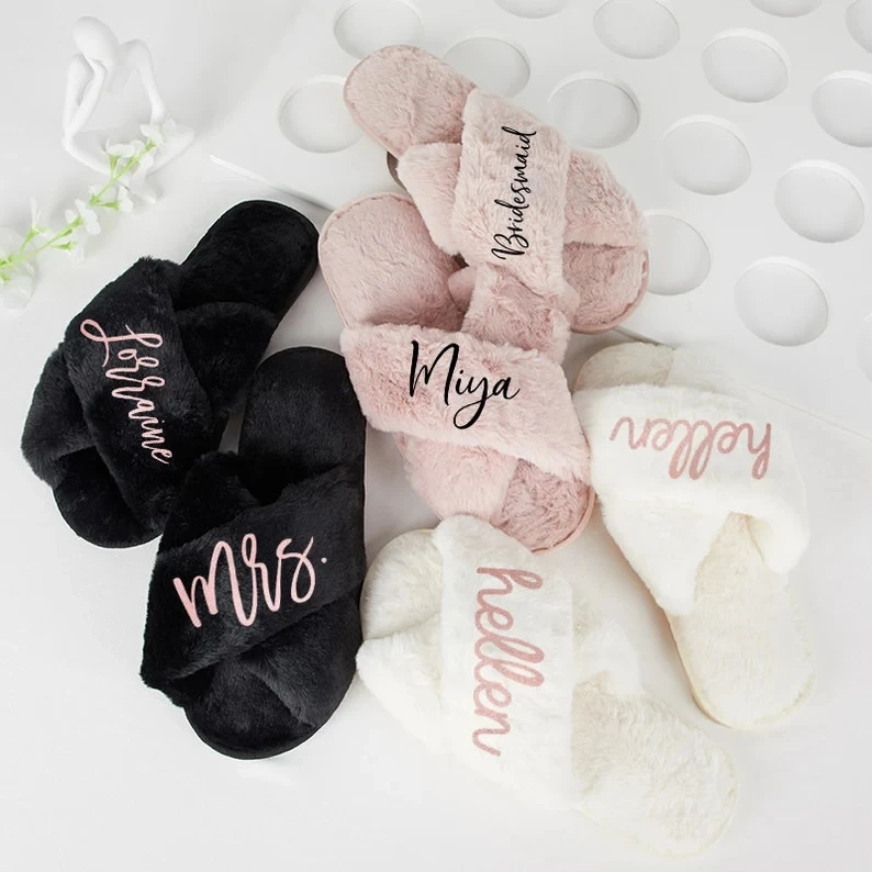 Personalized Bridesmaid Slippers Wedding Fluffy Custom Bride Bridal Shower Slipper Bachelorette Party Womens Maid of Honor Favor