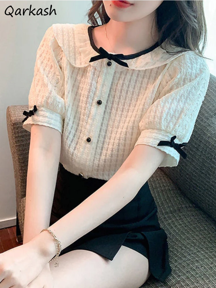 

Shirts for Women Bows Short Sleeve Tender Prevalent New Arrival Vintage Summer Tops Sweet Lovely Korean Trendy Casual All-match