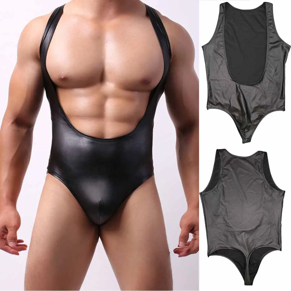 

Men's Faux-Leather Fun Open-Chested Bodysuit Underwear Black Patent Leather Vest Nightclub Outfit Male Sexy Erotic Bodysuits