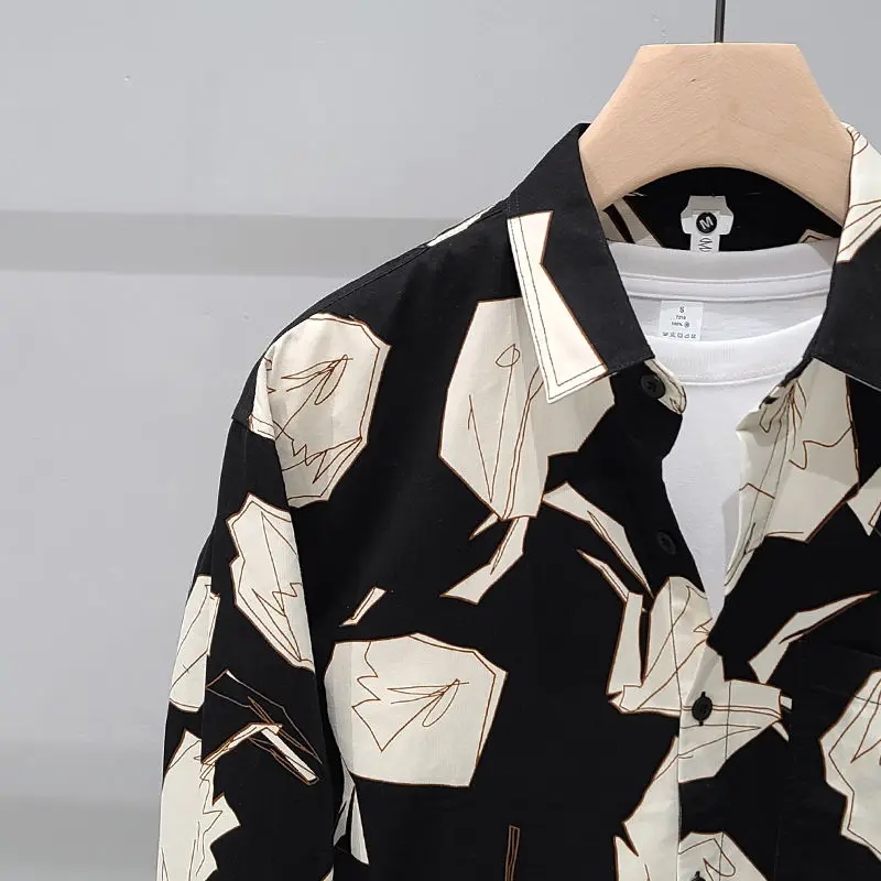 Summer Printed Long-Sleeved Shirt Men's Hong Kong Style Personality Design Shirt Baggy Coat Tide Longsleeve Shirt for Men