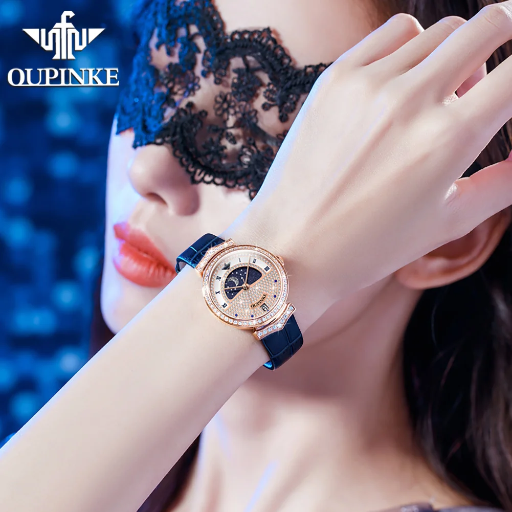 OUPINKE 3216 кварцевые часы с фазой Луны для женщин роскошные оригинальные ручные