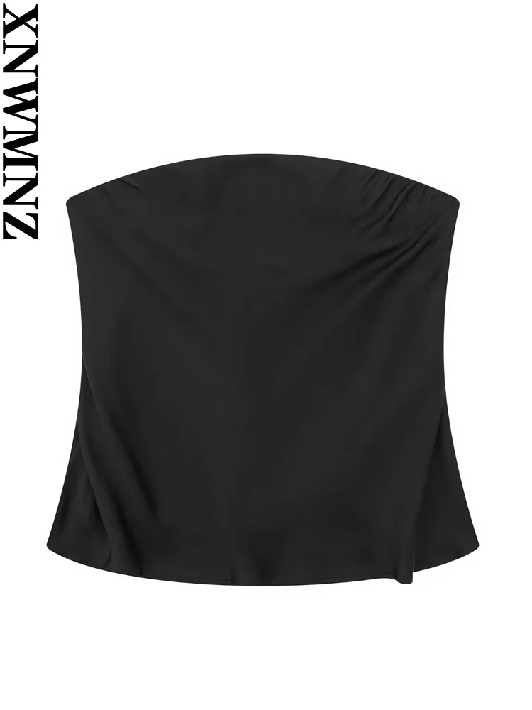 

XNWMNZ Women's Fashion 2023 Satin Strapless Top Women High Street Straight Neck Off Shoulder Versatile Female Chic Top