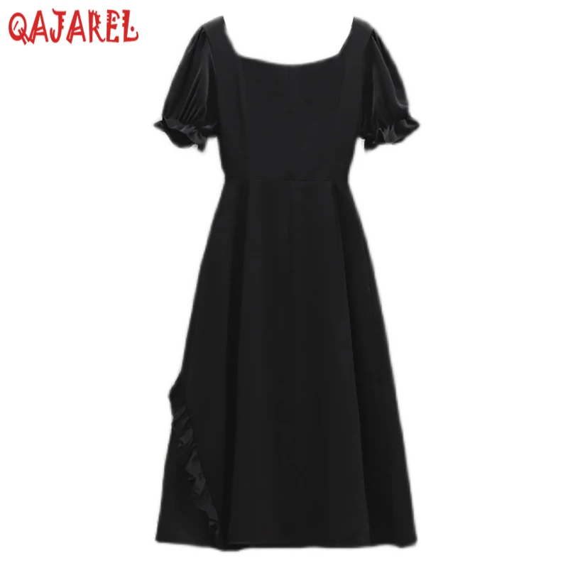 

2023 New Black Puff Sleeve Ruffed Square Collar Sexy Midi Dress Women Fashion Flounced Edge Dress Summer Korean Vintage Vestidos