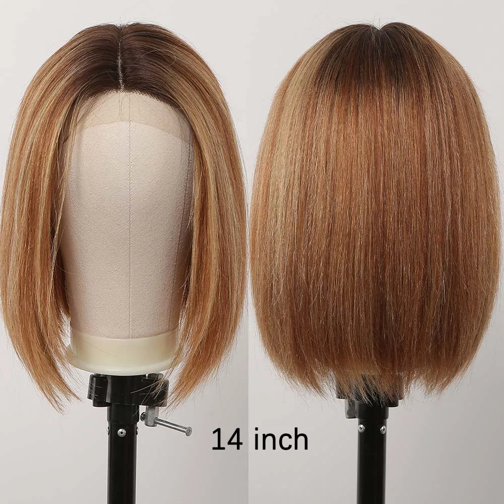Light Honey Brown Bob Human Hair Wig T-part Ombre Ginger Lace Front Wigs Shoulder Long Straight Wigs Women Remy Lob Hairstyle