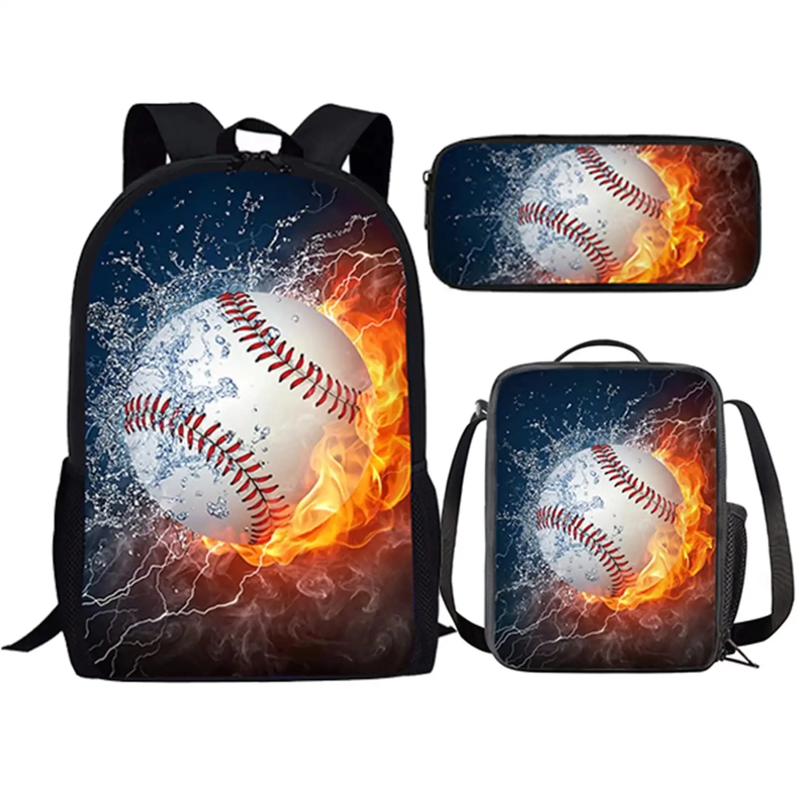 

Water Fire Baseball Backpack Ball Sport School Bags 3PCS Set Schoolbag Lunch Bag Pencil Case Casual Student Book Bag for Boys