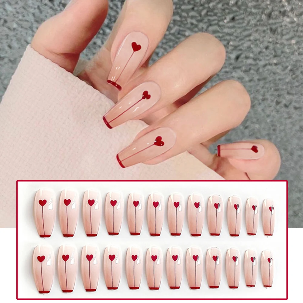 

Hot Sale 2021 24PCS Long Press on Nails Cute Heart Design Fake Nails Full Coverage Nails Manicure Salon DIY Art Artificial Nails