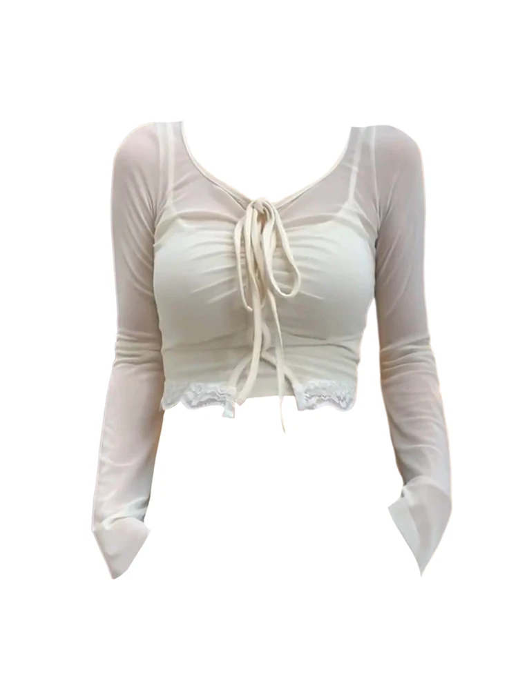 

Korean Fashion Sexy See Through T-Shirts Slime Women Chic Tees Gyaru Flare Sleeve Crop Top Lace-Up Y2K Hot Aesthetic Streetwear